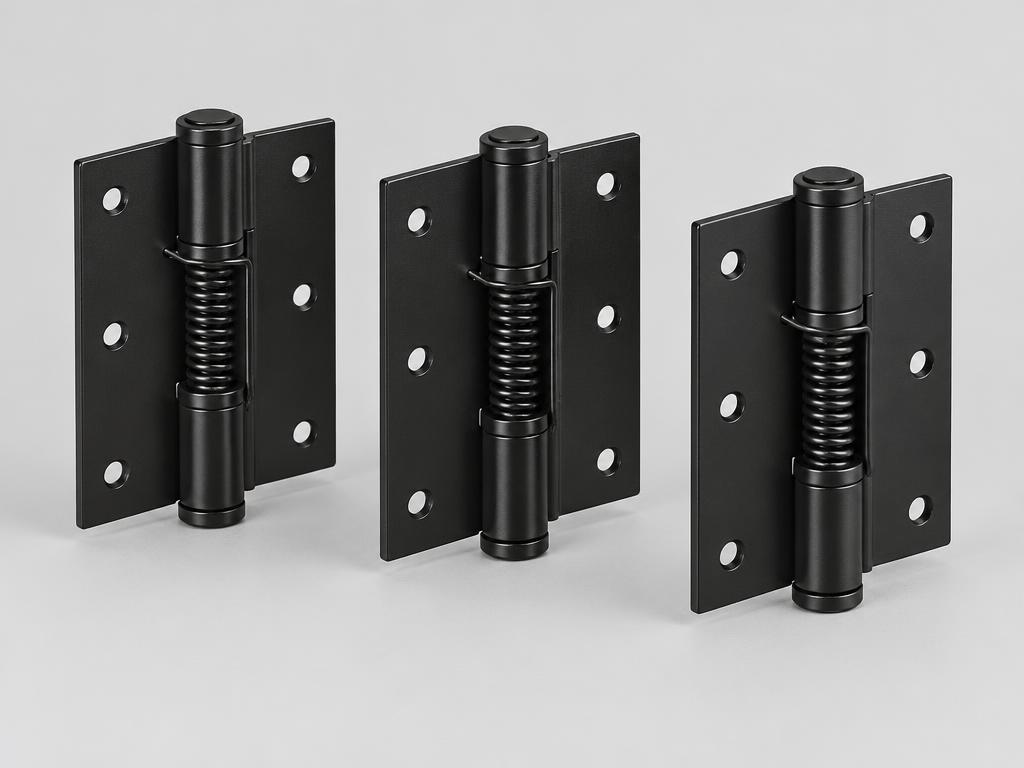 Conjunto de dobradiças pretas com mola para porta corta-fogo