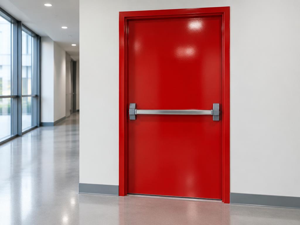 Porta corta-fogo metálica vermelha com barra antipânico