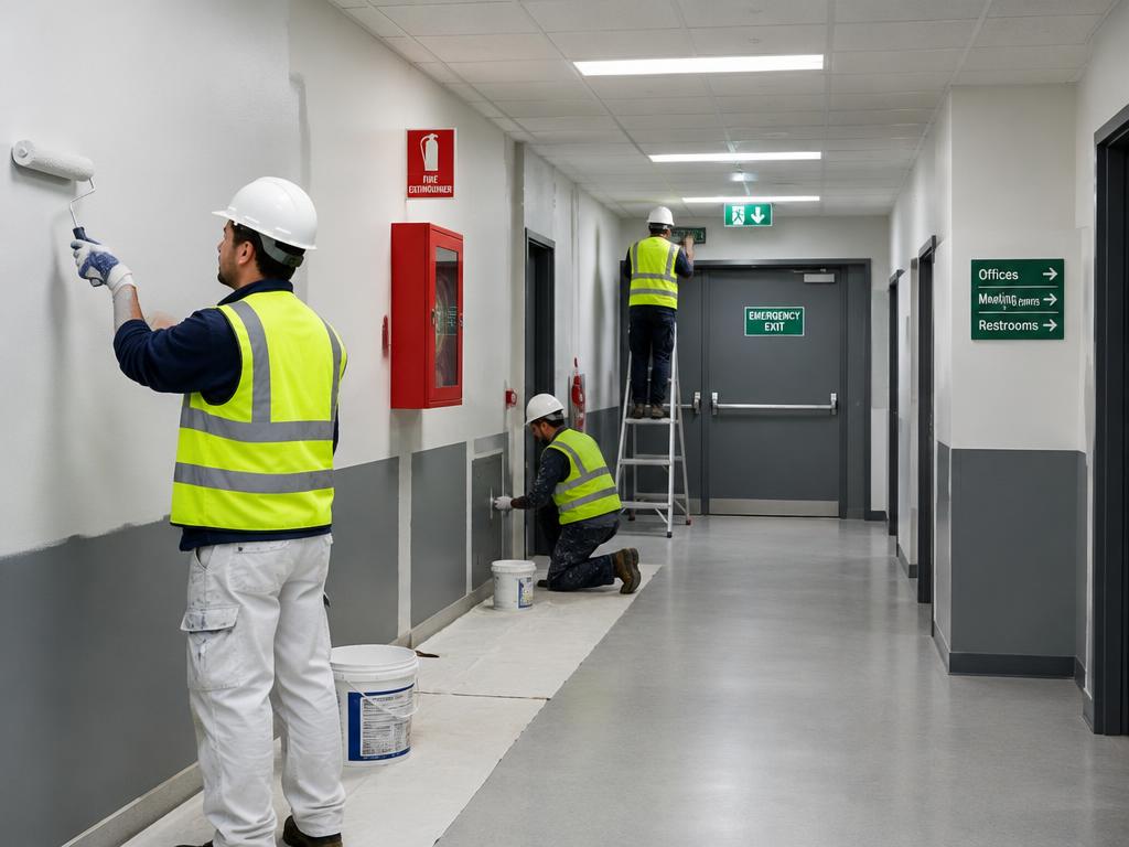 Equipe realizando pintura e adequação em corredor de edifício com sinalização de emergência