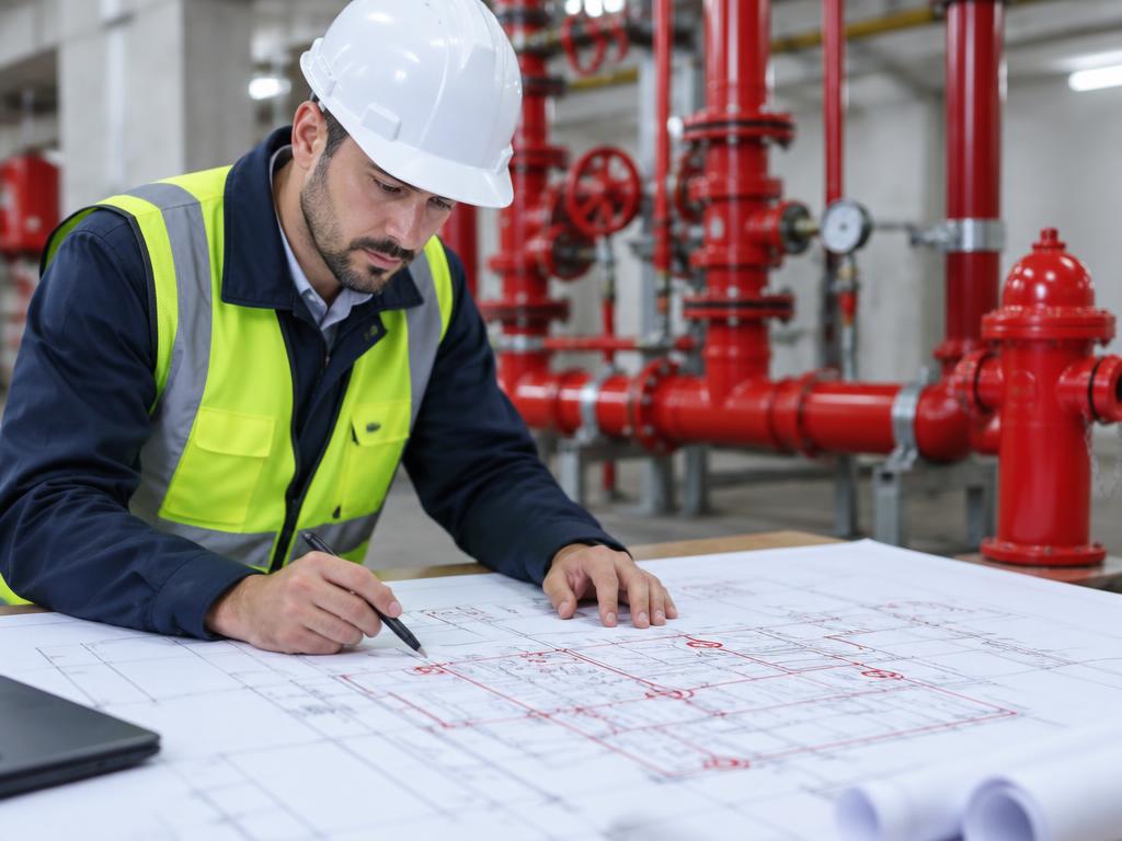 Engenheiro analisando planta de projeto de segurança contra incêndio