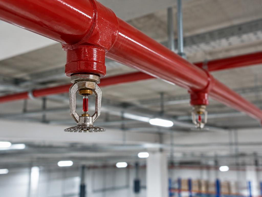 Bicos de sprinkler em tubulação vermelha no teto de galpão